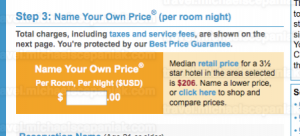 Priceline's "name your own price for hotels" main bidding page - bid entry.