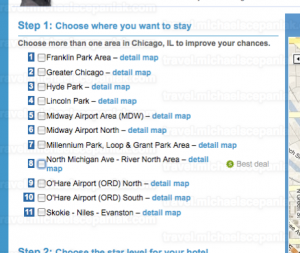 Priceline's "name your own price for hotels" main bidding page - zone selection.