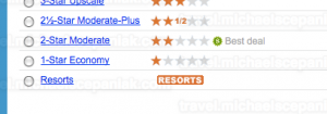 Priceline's "name your own price for hotels" main bidding page - "Resorts" quality
